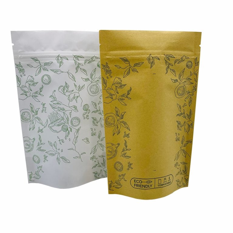 Customized 100% Compostable Stand Up Pouch Zipper Kraft Paper Dried Food Tea Coffee Packaging Bag With PLA Valve